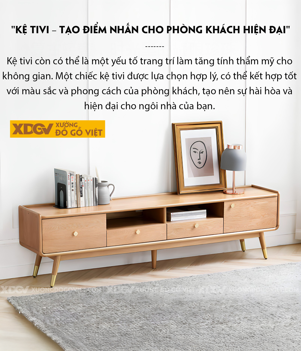 Kệ Để Tivi Gỗ Sồi Phòng Khách Chân Cao Đầu Bọc Kim Loại