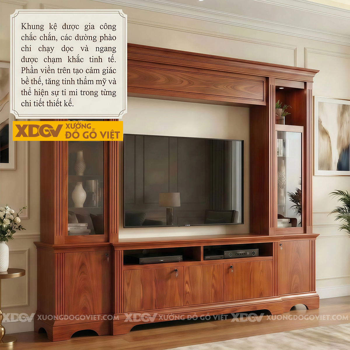 Kệ Để Tivi Kèm Tủ Trưng Bày Gỗ Gõ Đỏ Họa Tiết Kẻ Sọc Độc Đáo
