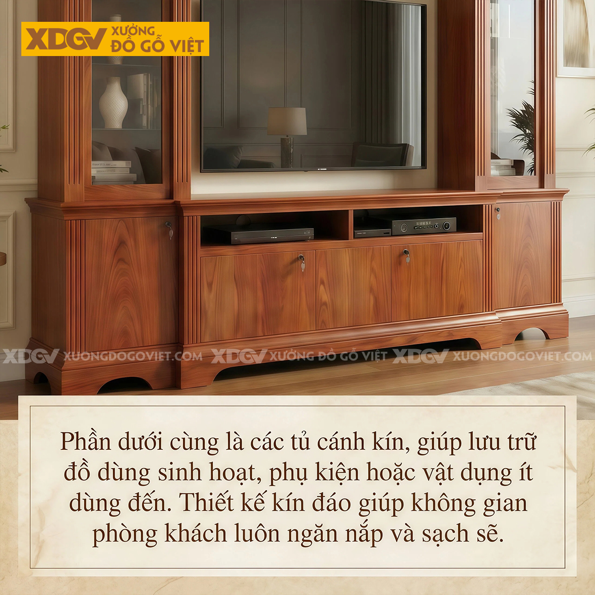 Kệ Để Tivi Kèm Tủ Trưng Bày Gỗ Gõ Đỏ Họa Tiết Kẻ Sọc Độc Đáo