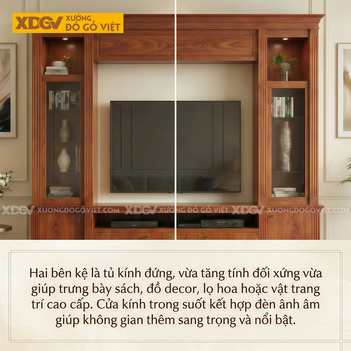 Kệ Để Tivi Kèm Tủ Trưng Bày Gỗ Gõ Đỏ Họa Tiết Kẻ Sọc Độc Đáo