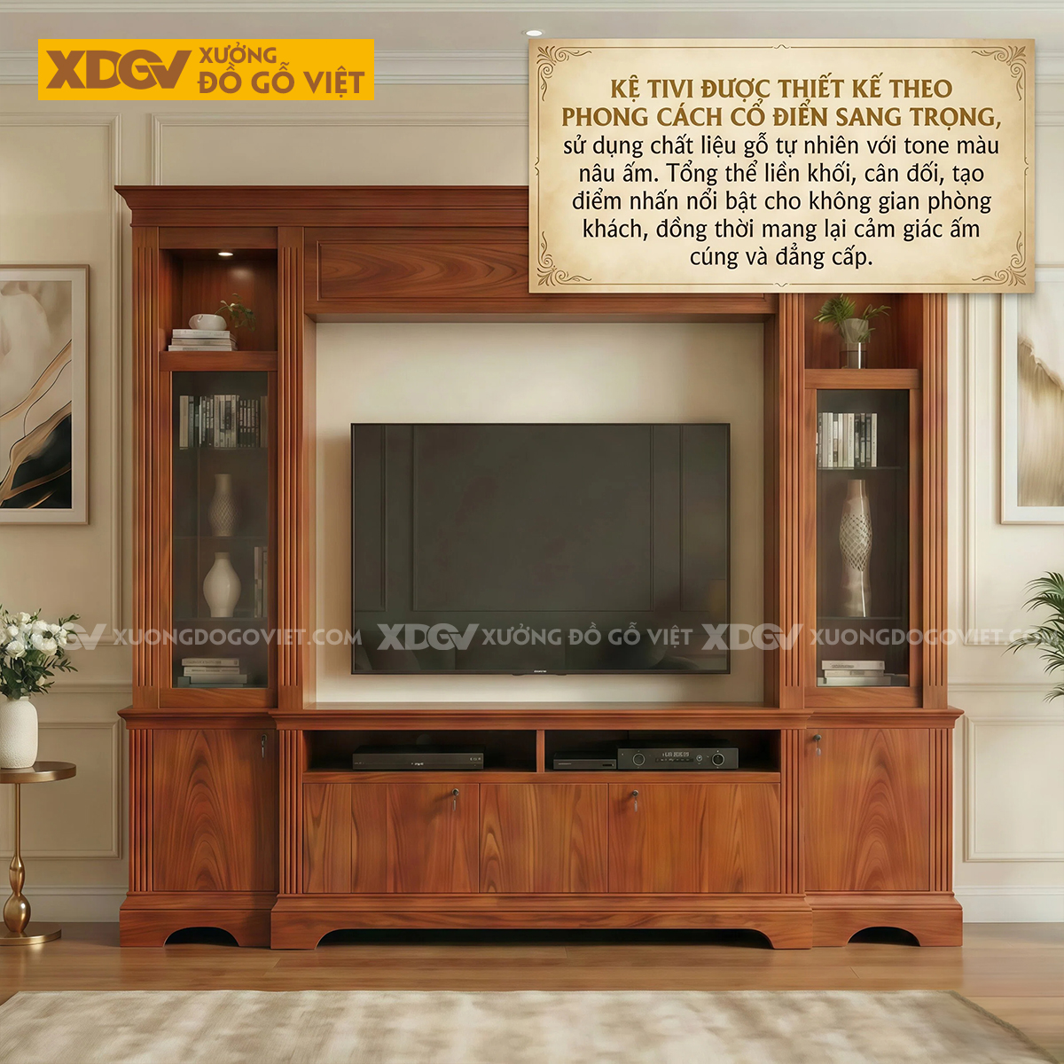 Kệ Để Tivi Kèm Tủ Trưng Bày Gỗ Gõ Đỏ Họa Tiết Kẻ Sọc Độc Đáo