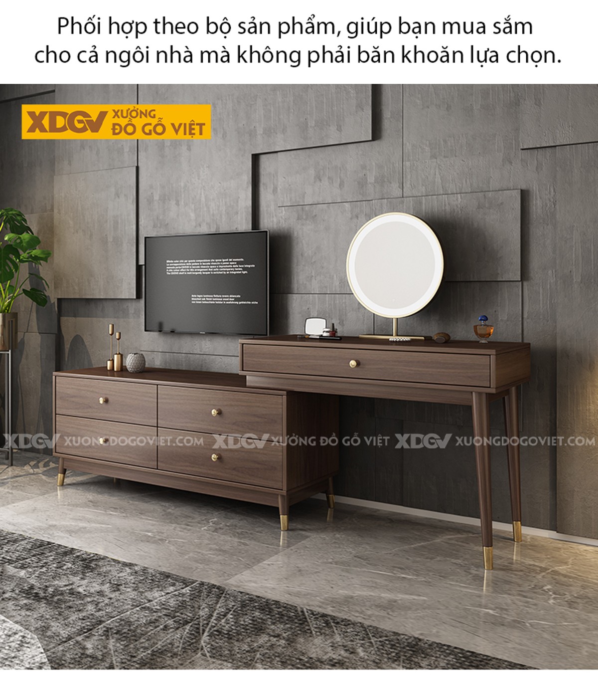 Kệ Để Tivi MDF Kèm Bàn Trang Điểm Xếp Lớp Bố Trí Linh Hoạt