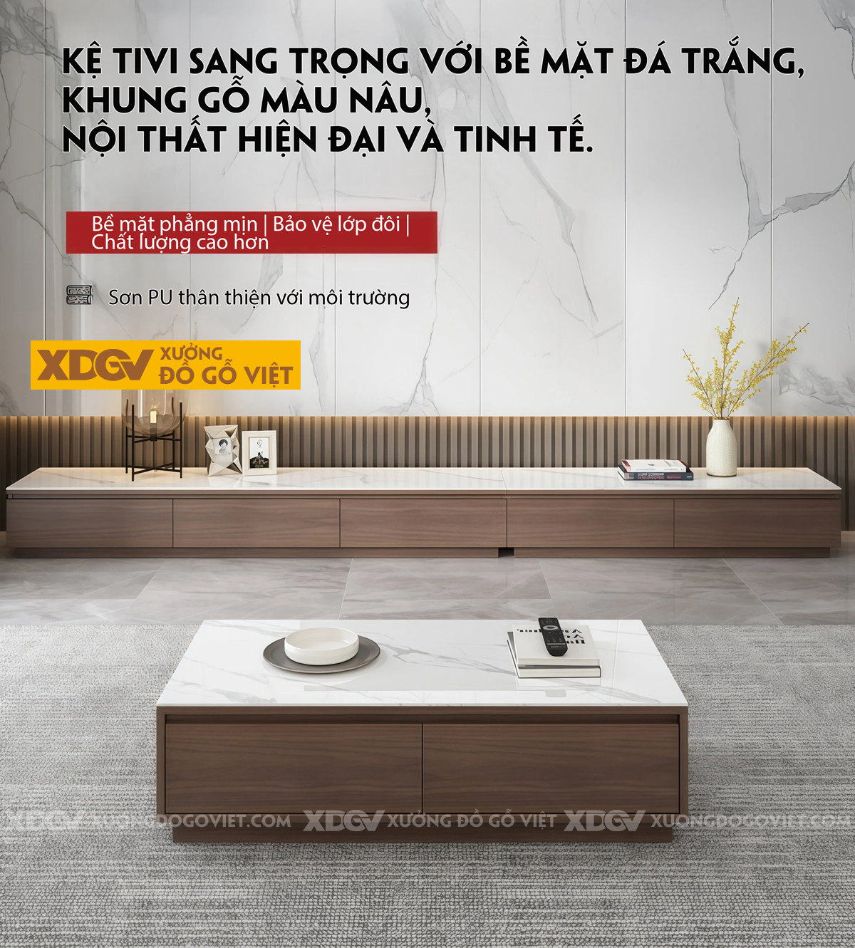 Kệ Để Tivi MDF Tích Hợp Đá Dáng Vuông Dài Liền Mạch Tối Giản