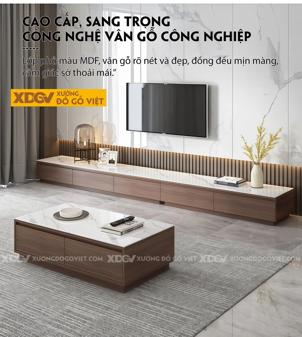 Kệ Để Tivi MDF Tích Hợp Đá Dáng Vuông Dài Liền Mạch Tối Giản