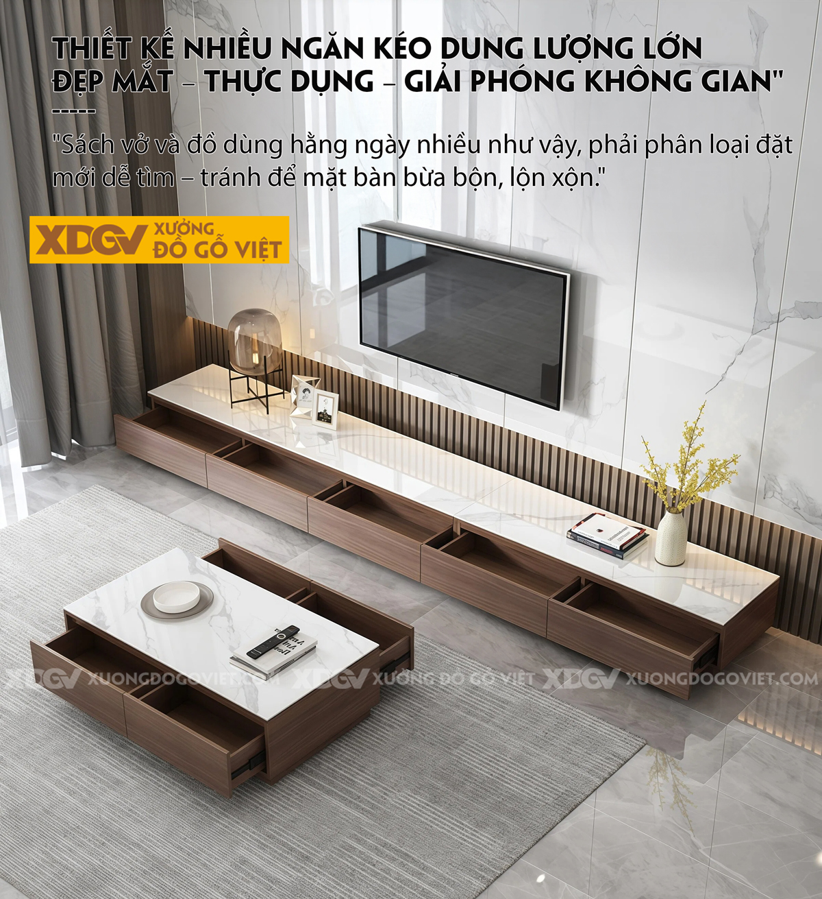 Kệ Để Tivi MDF Tích Hợp Đá Dáng Vuông Dài Liền Mạch Tối Giản