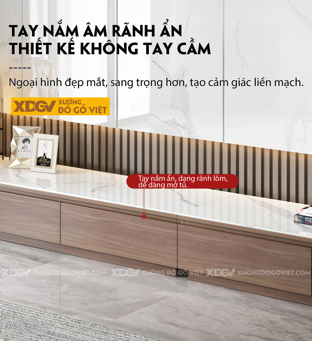 Kệ Để Tivi MDF Tích Hợp Đá Dáng Vuông Dài Liền Mạch Tối Giản