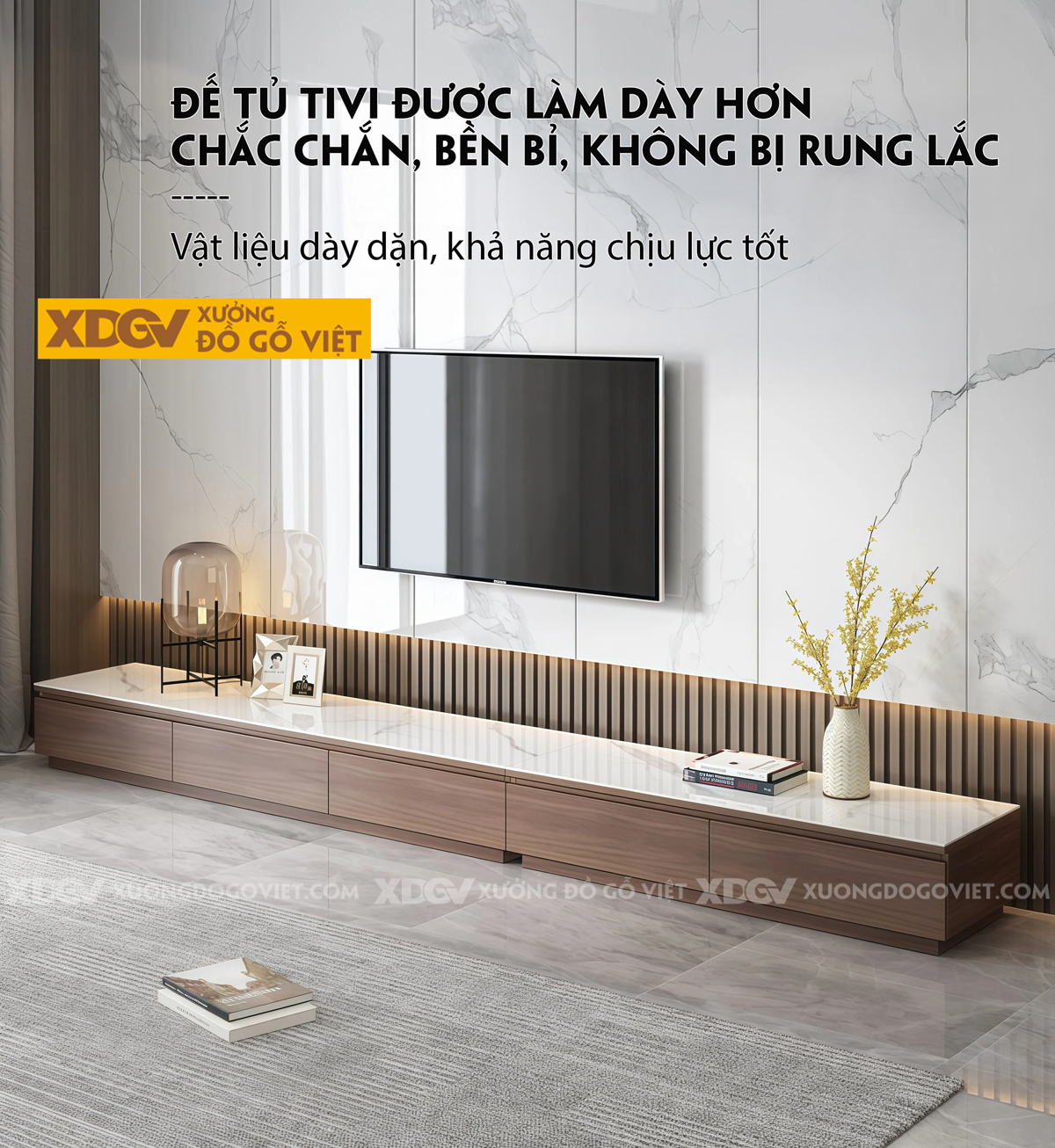 Kệ Để Tivi MDF Tích Hợp Đá Dáng Vuông Dài Liền Mạch Tối Giản