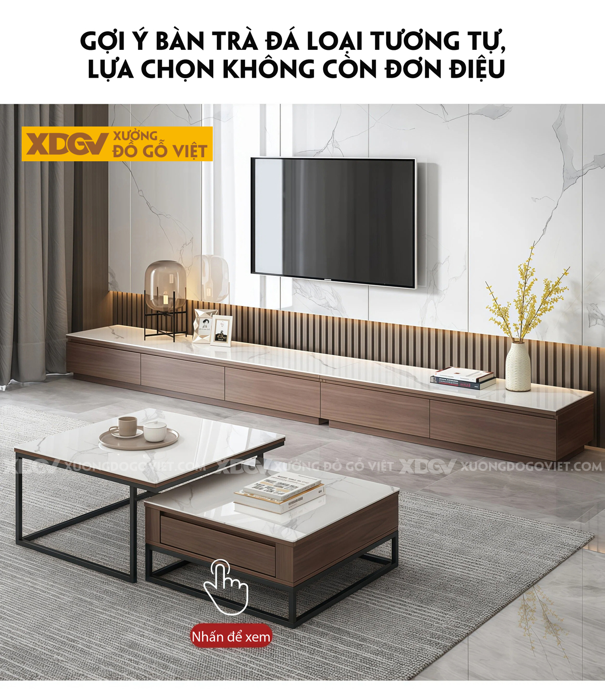 Kệ Để Tivi MDF Tích Hợp Đá Dáng Vuông Dài Liền Mạch Tối Giản