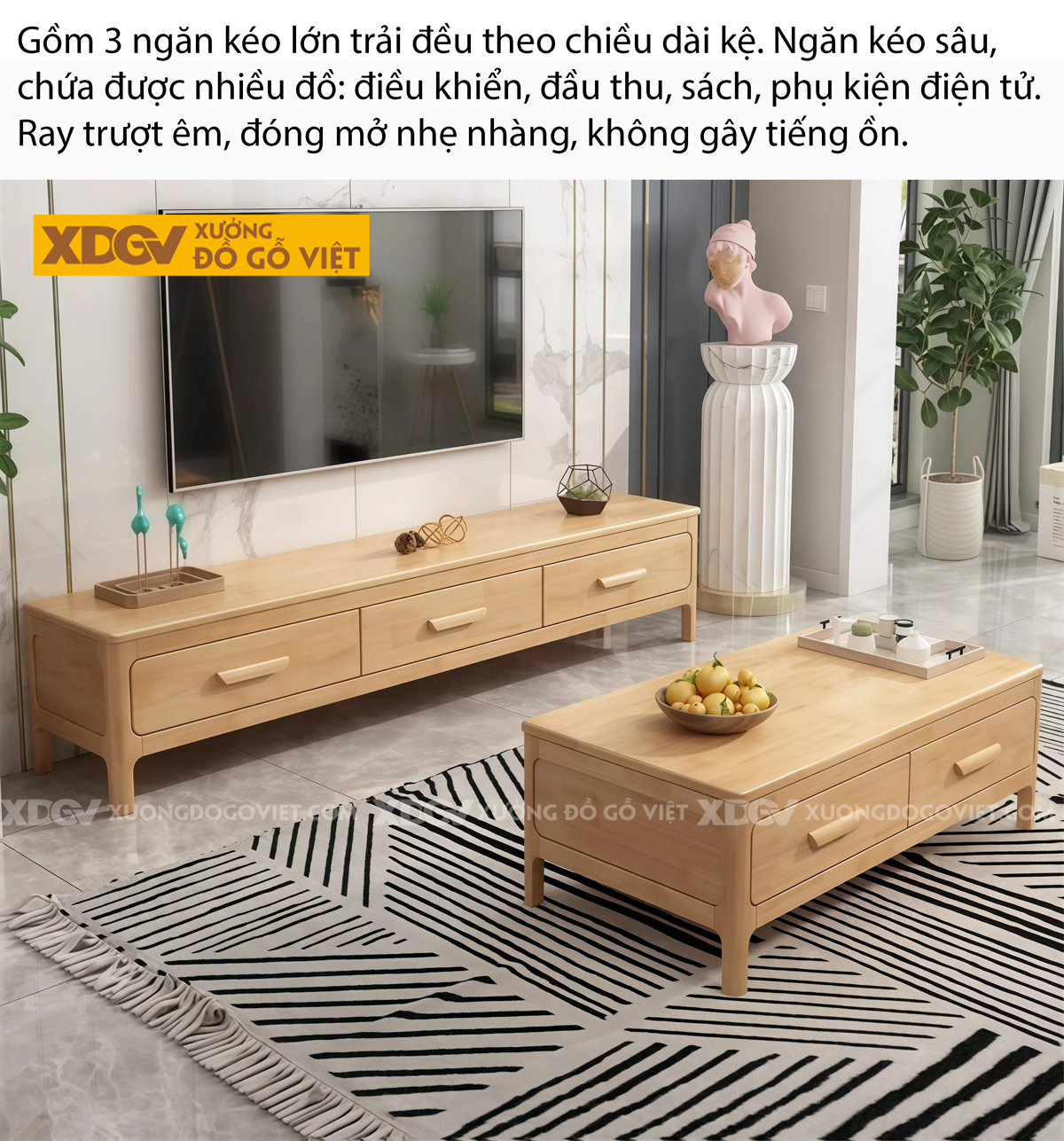 Kệ Để Tivi Phòng Khách Gỗ Cao Su Chân Cao Hộc Chứa Trung Tâm