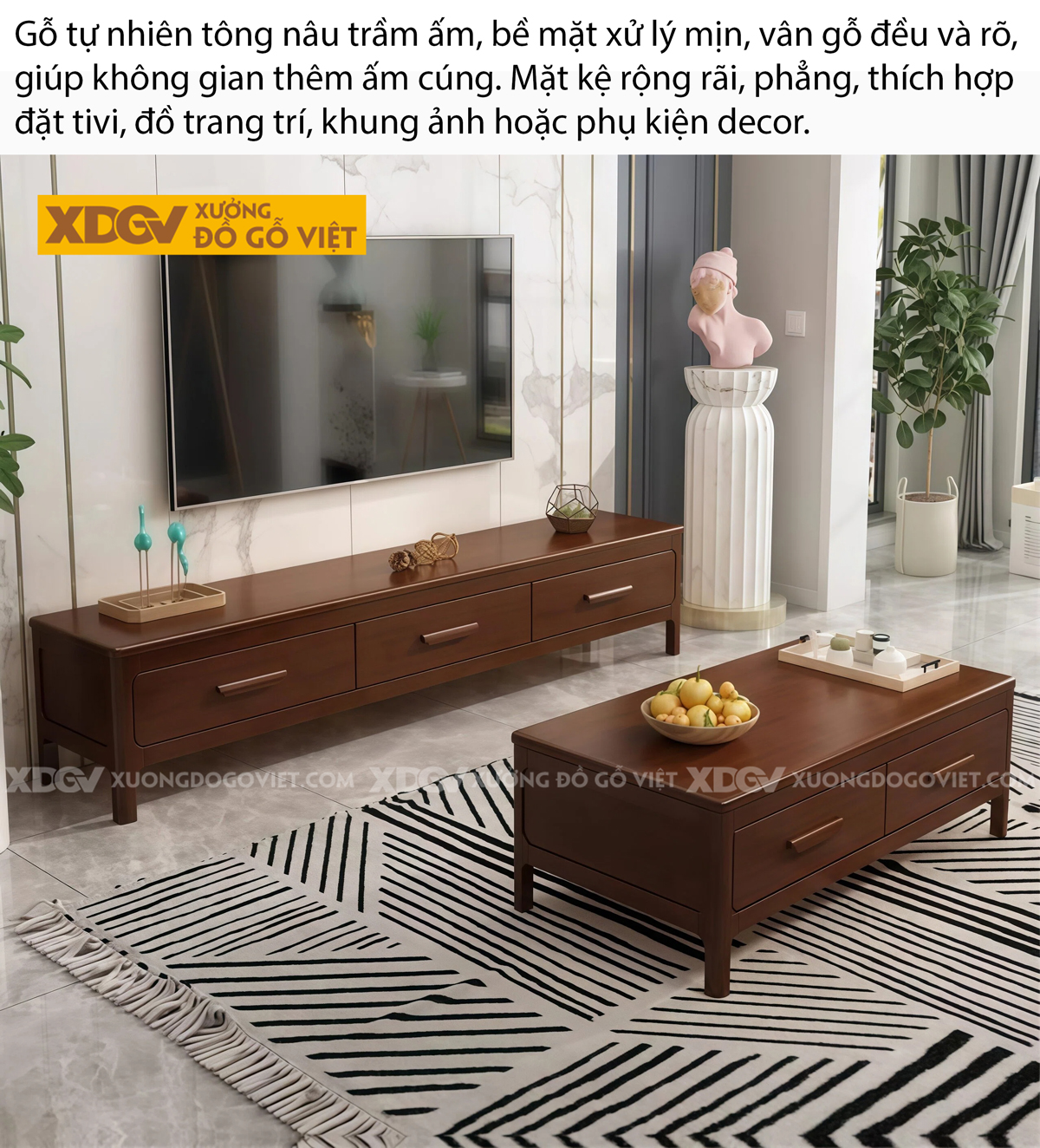 Kệ Để Tivi Phòng Khách Gỗ Cao Su Chân Cao Hộc Chứa Trung Tâm