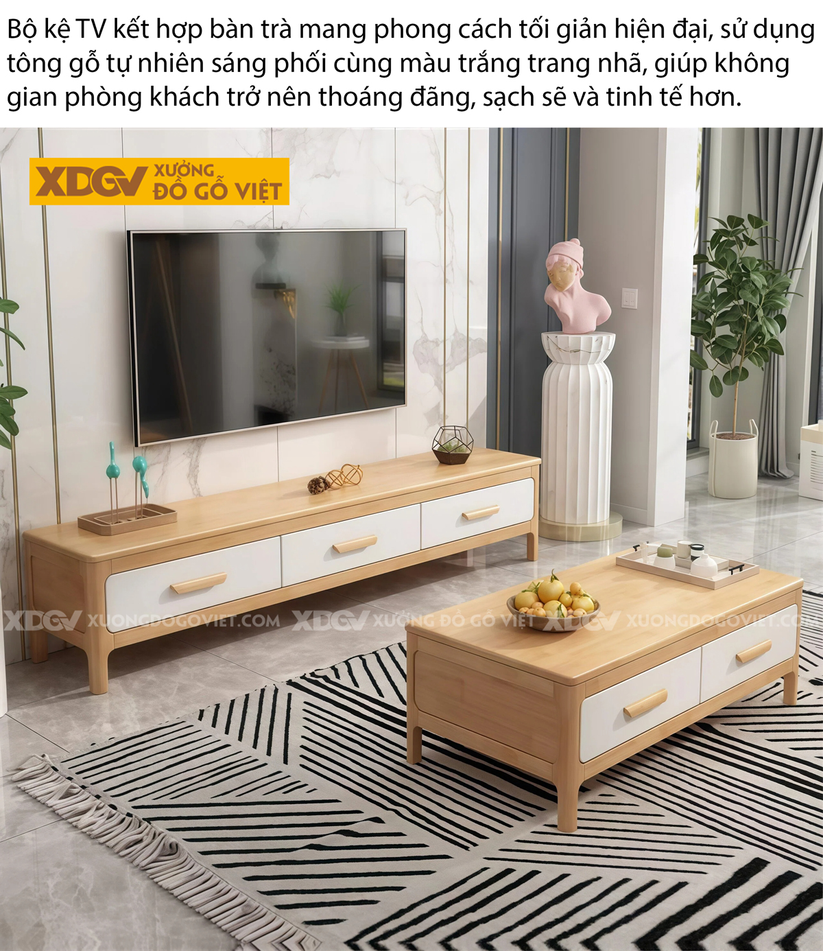 Kệ Để Tivi Phòng Khách Gỗ Cao Su Chân Cao Hộc Chứa Trung Tâm