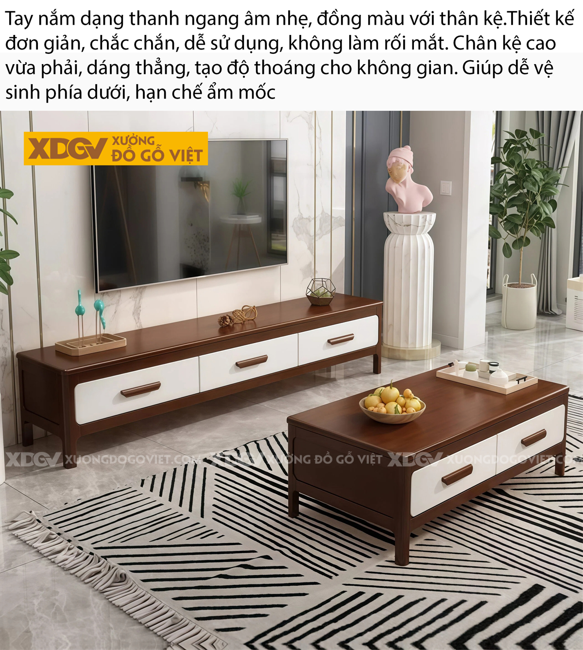 Kệ Để Tivi Phòng Khách Gỗ Cao Su Chân Cao Hộc Chứa Trung Tâm