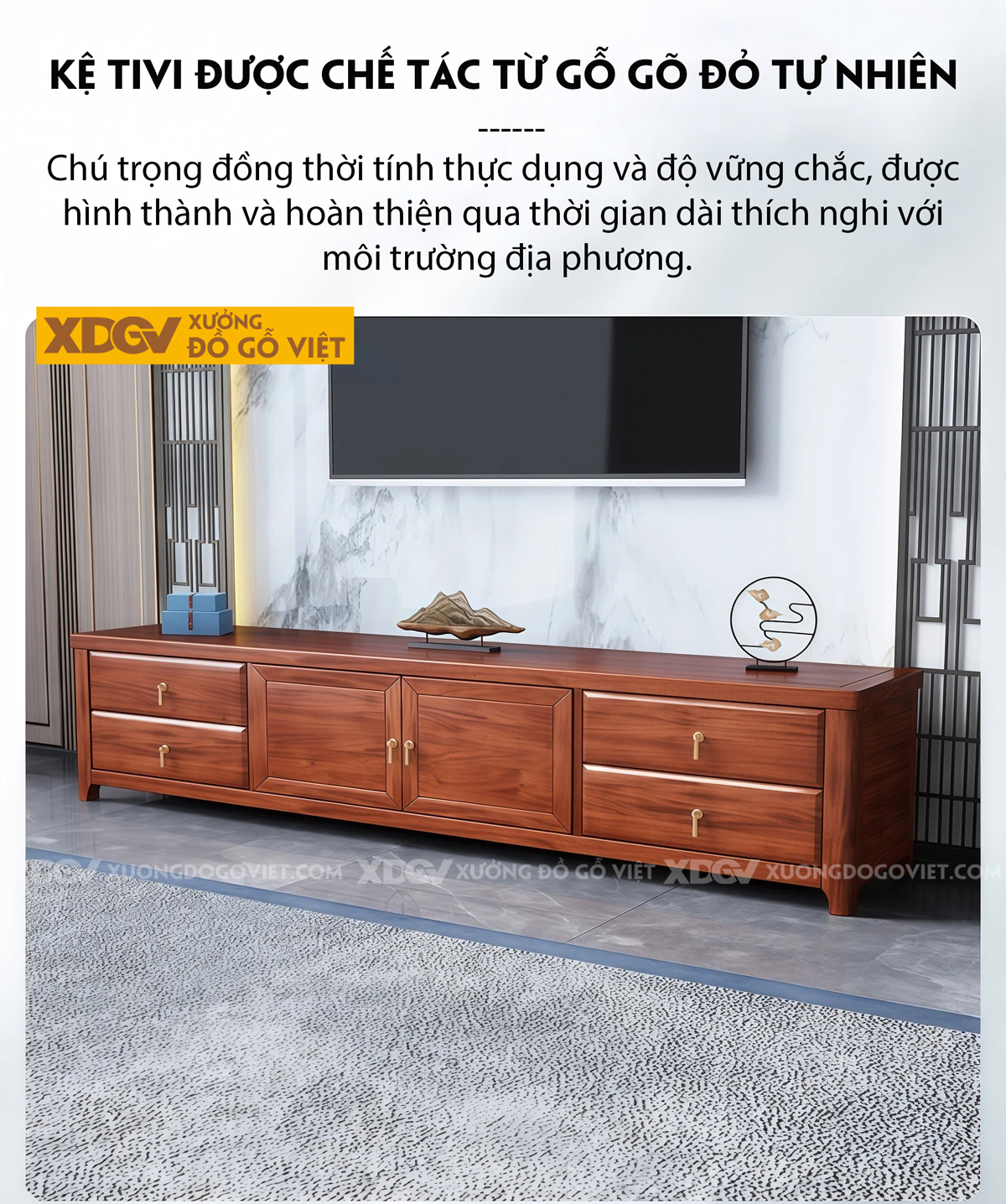 Kệ Để Tivi Phòng Khách Gỗ Gõ Đỏ Thiết Kế Cánh Tủ Trung Tâm