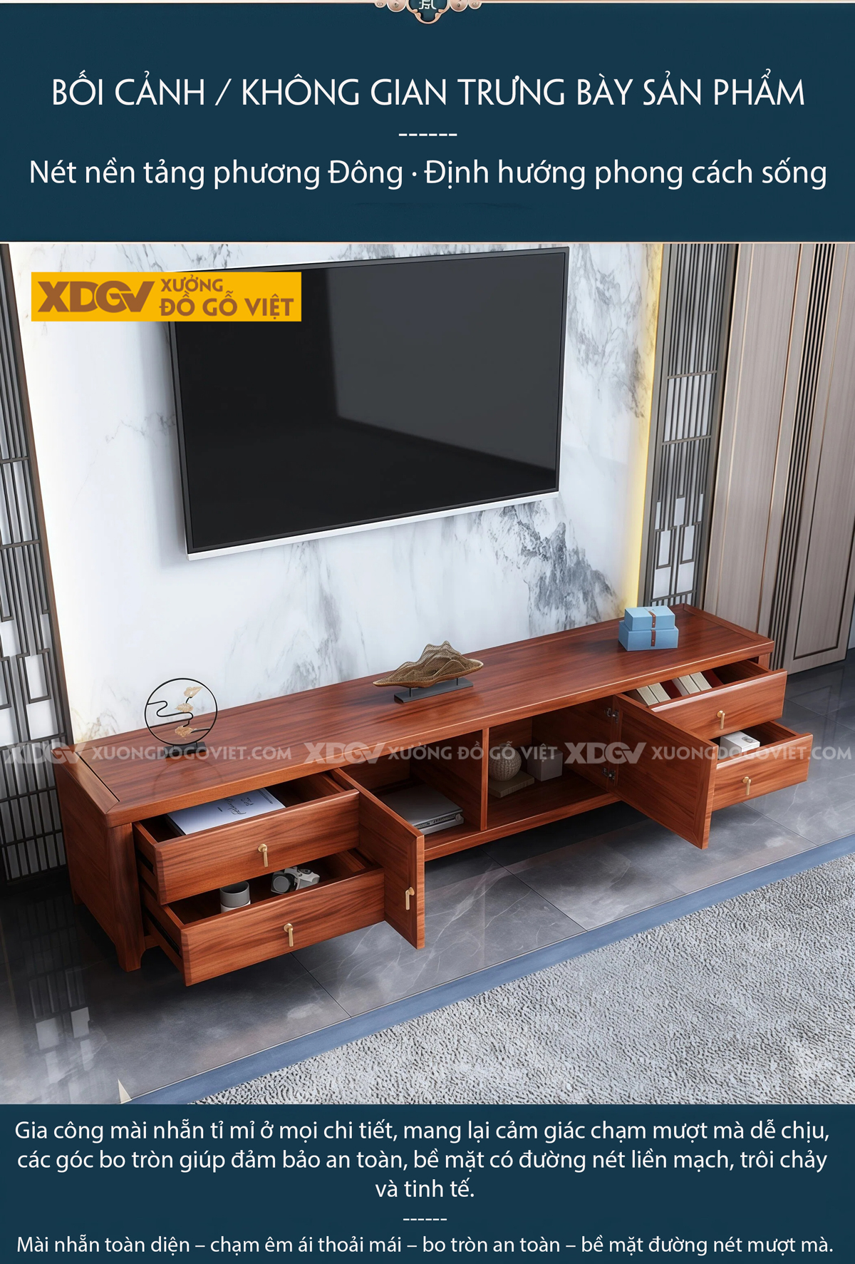 Kệ Để Tivi Phòng Khách Gỗ Gõ Đỏ Thiết Kế Cánh Tủ Trung Tâm