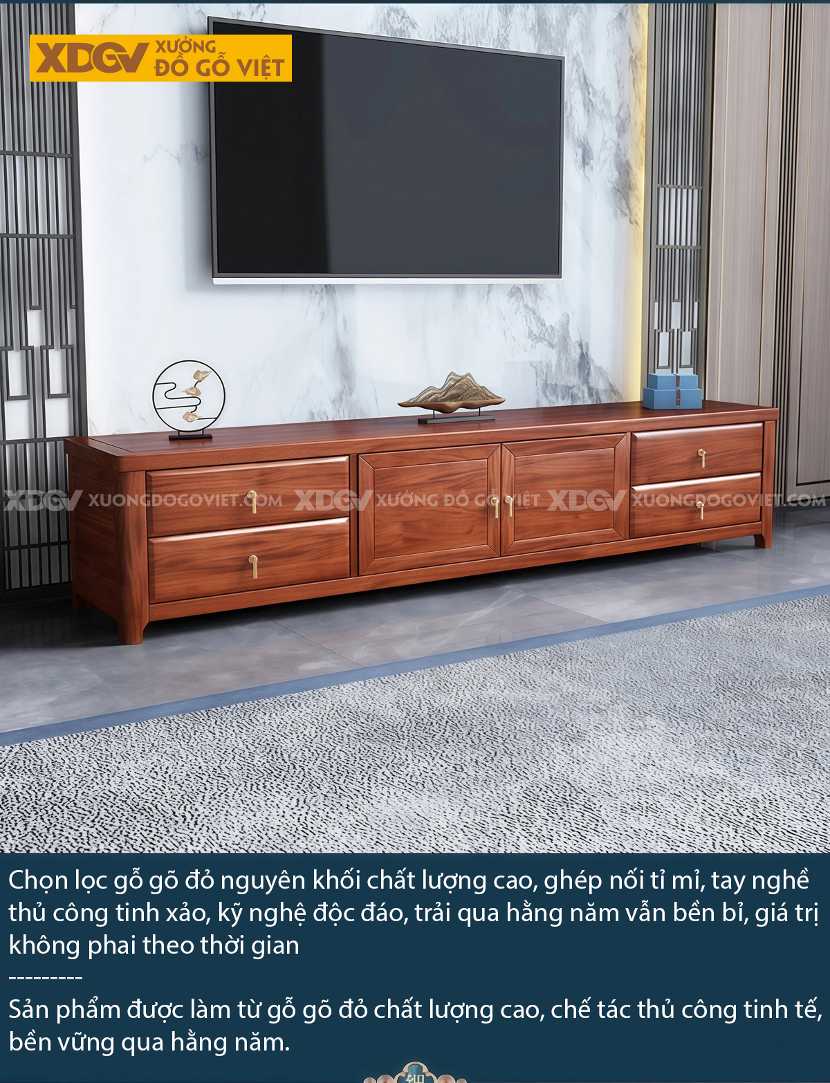 Kệ Để Tivi Phòng Khách Gỗ Gõ Đỏ Thiết Kế Cánh Tủ Trung Tâm