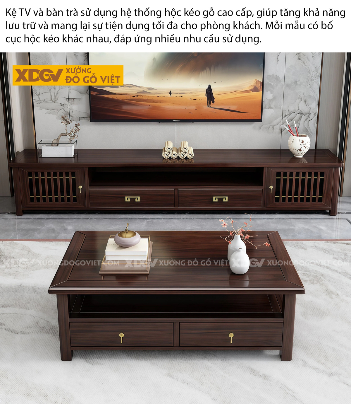 Kệ Để Tivi Phòng Khách Gỗ Óc Chó Khắc Rãnh Tinh Xảo Hiện Đại