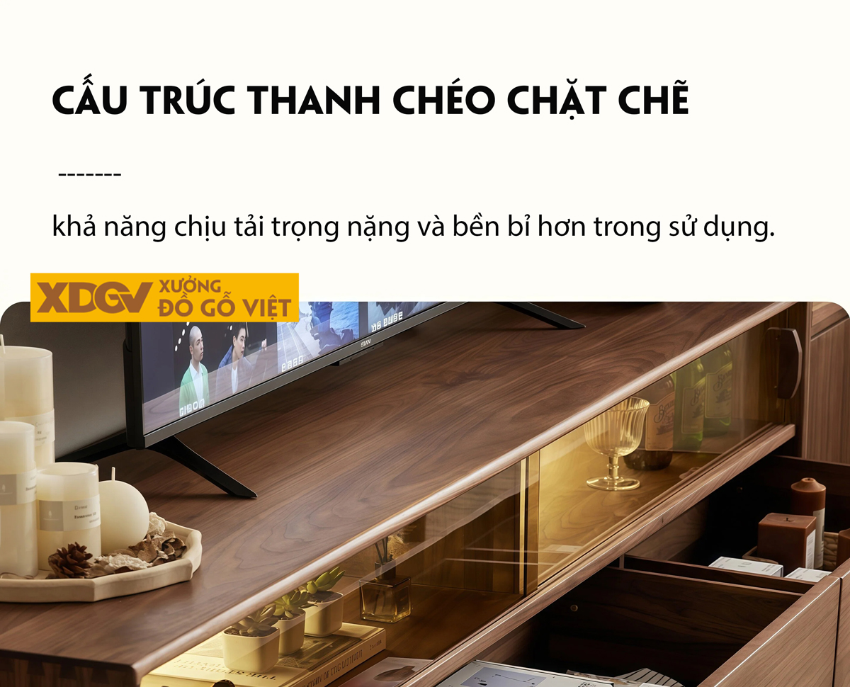 Kệ Để Tivi Phòng Khách Gỗ Óc Chó Tích Hợp Tủ Kính Sang Trọng