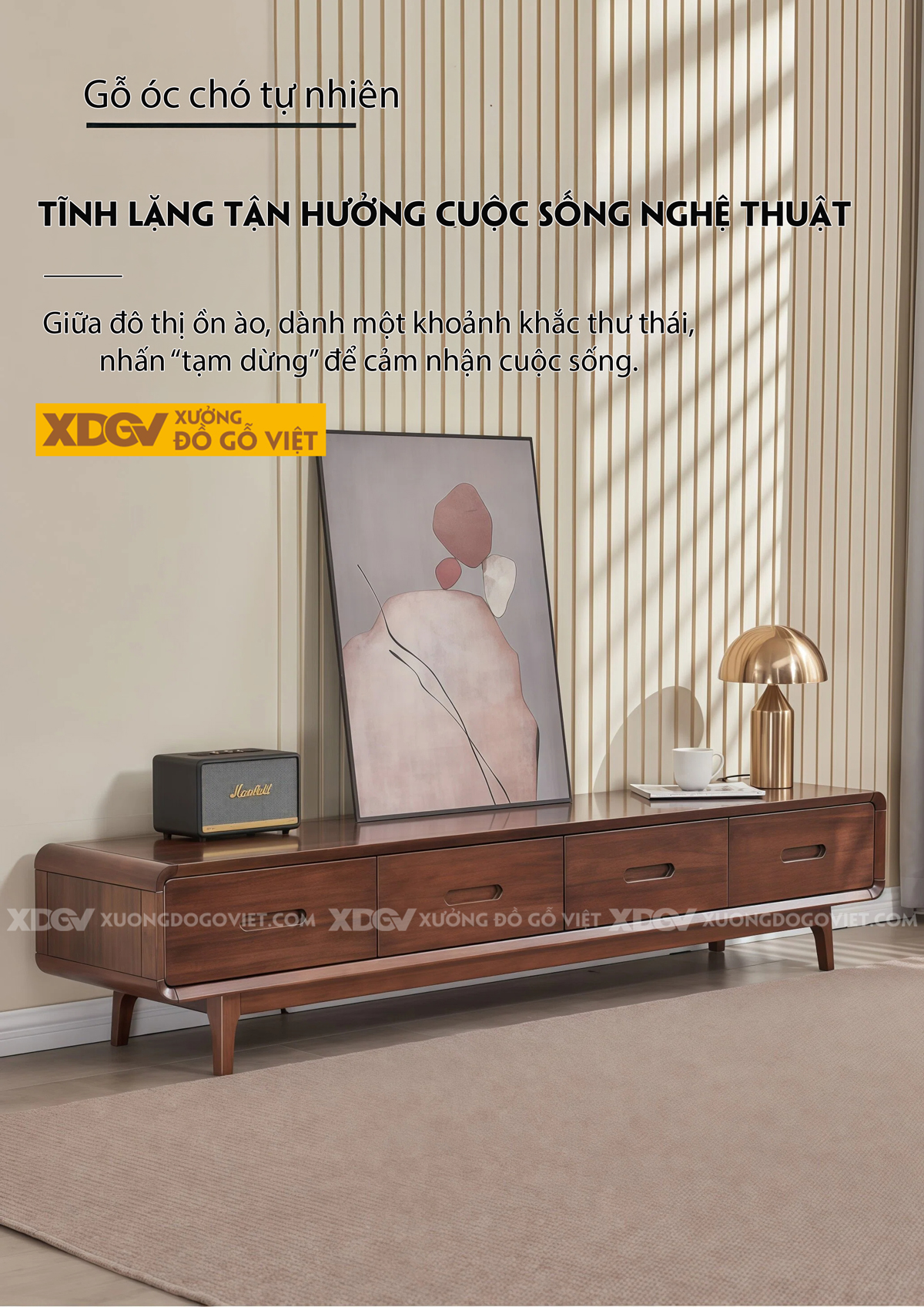 Kệ Để Tivi Phòng Khách Gỗ Óc Chó Tự Nhiên Chân Vát Tinh Gọn