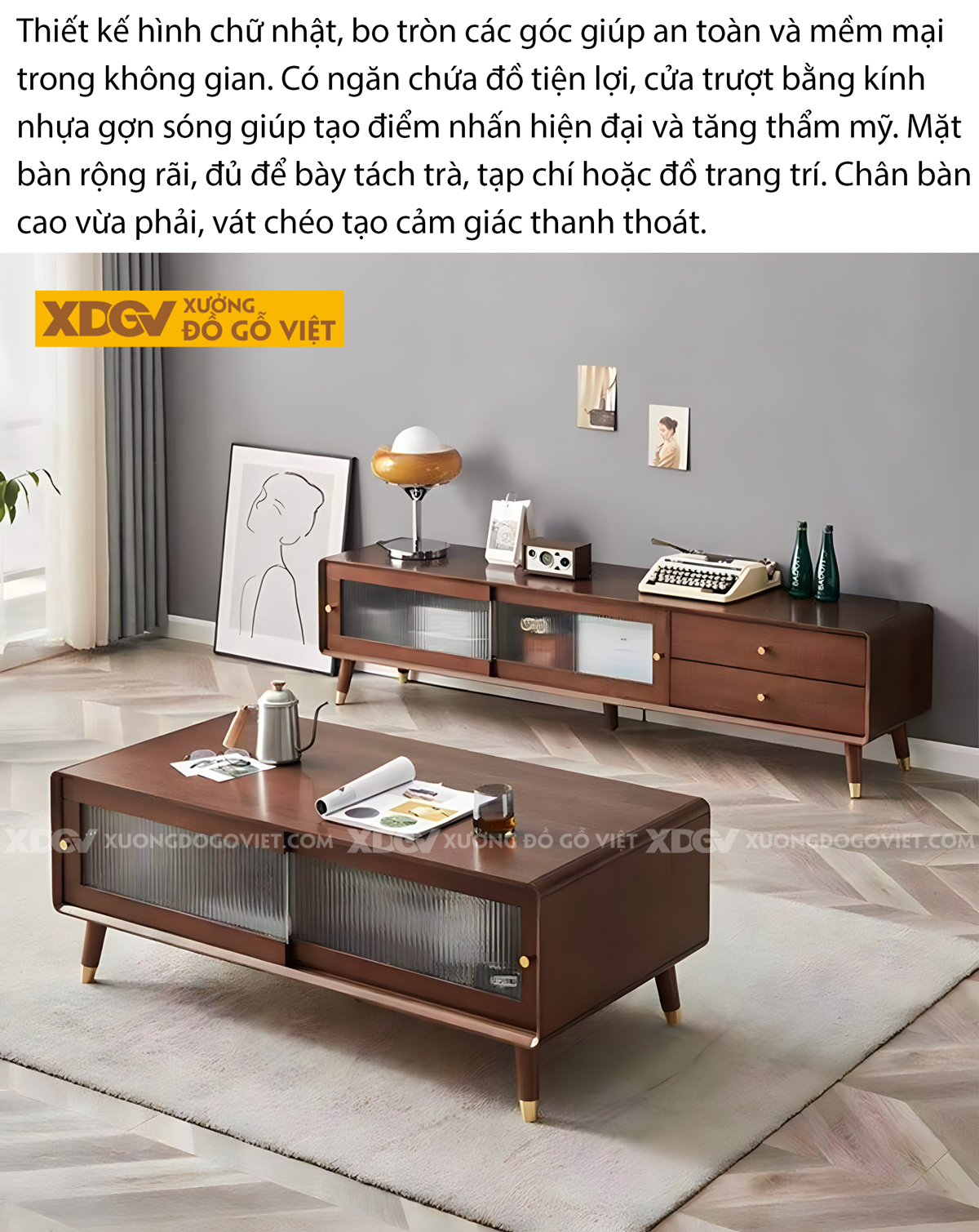 Kệ Để Tivi Sồi Mỹ Cánh Kính Lùa Gân Mờ Chân Bọc Kim Loại