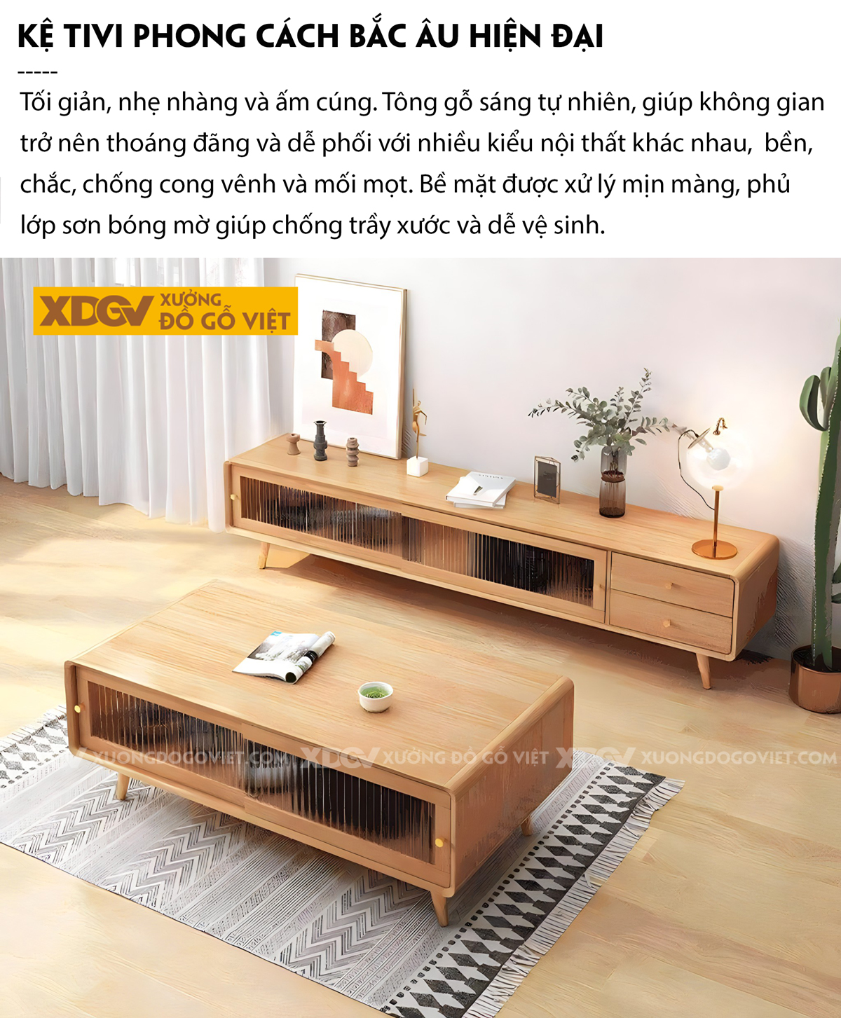 Kệ Để Tivi Sồi Mỹ Cánh Kính Lùa Gân Mờ Chân Bọc Kim Loại