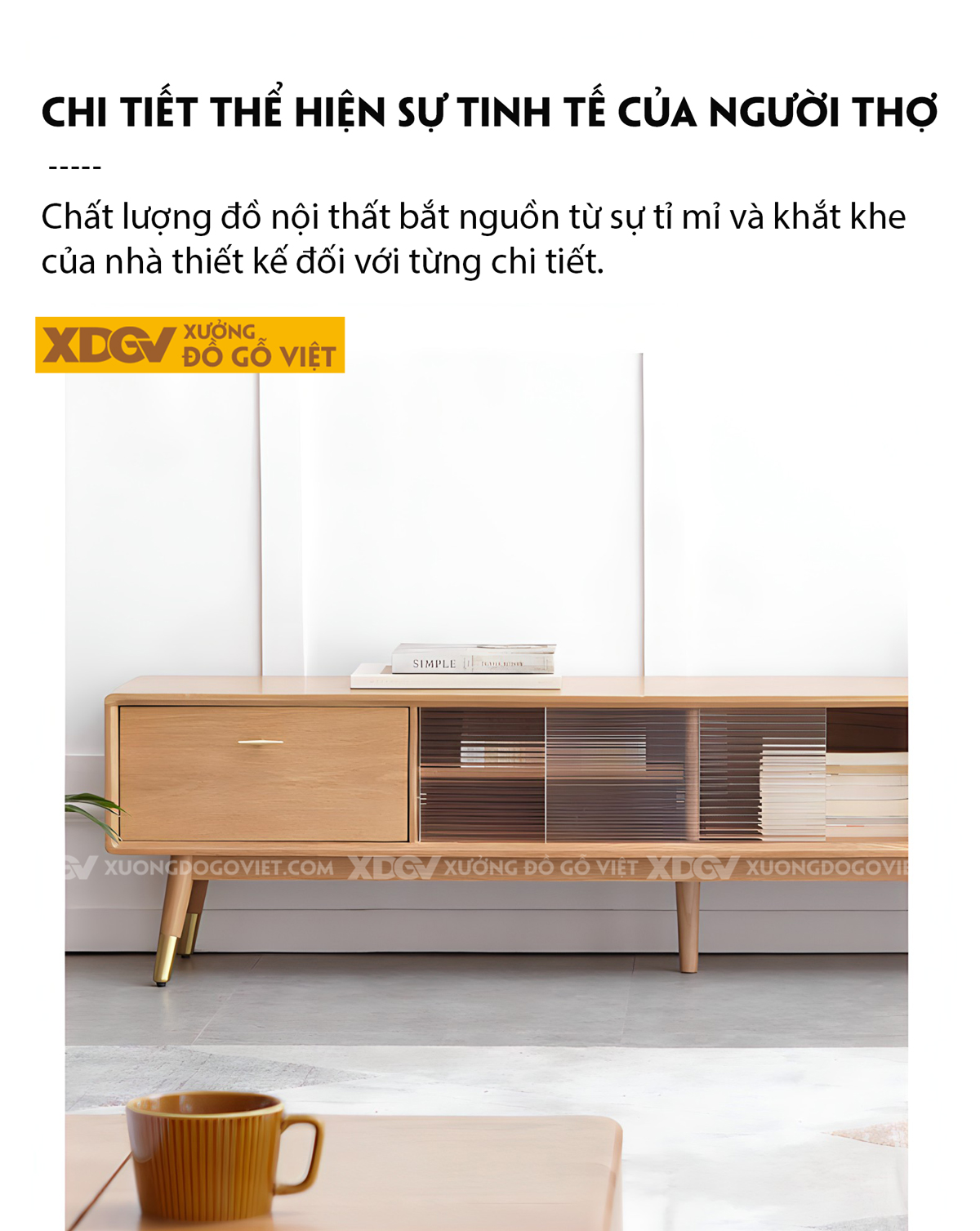 Kệ Để Tivi Trang Trí Gỗ Sồi Chân Cao Cánh Kính Lùa Gân Mờ