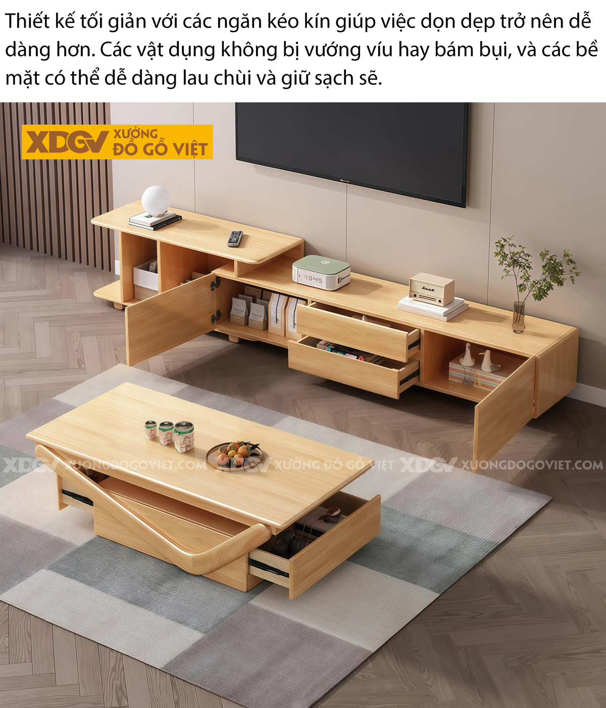 Kệ Để Tivi Trưng Bày Hiện Đại Gỗ Cao Su Mặt Đá Bo Tròn 2 Bên