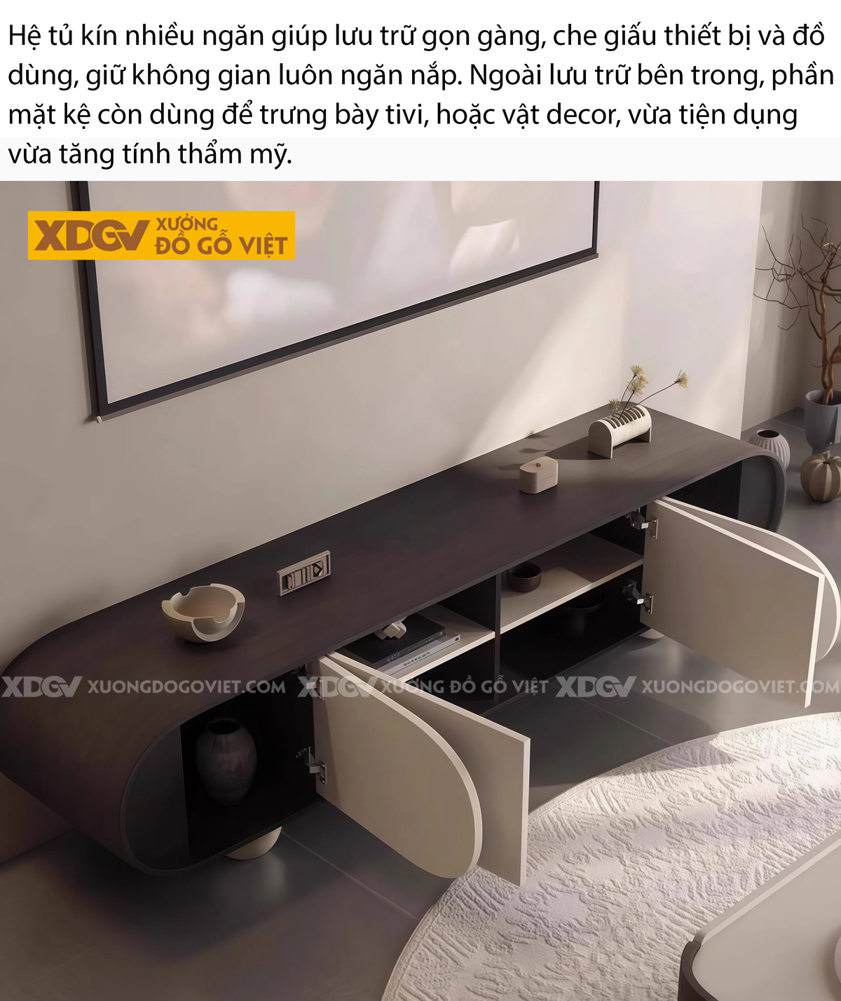 Kệ Để Tivi Trưng Bày Phòng Khách Gỗ Cao Su Chân Tròn Độc Đáo