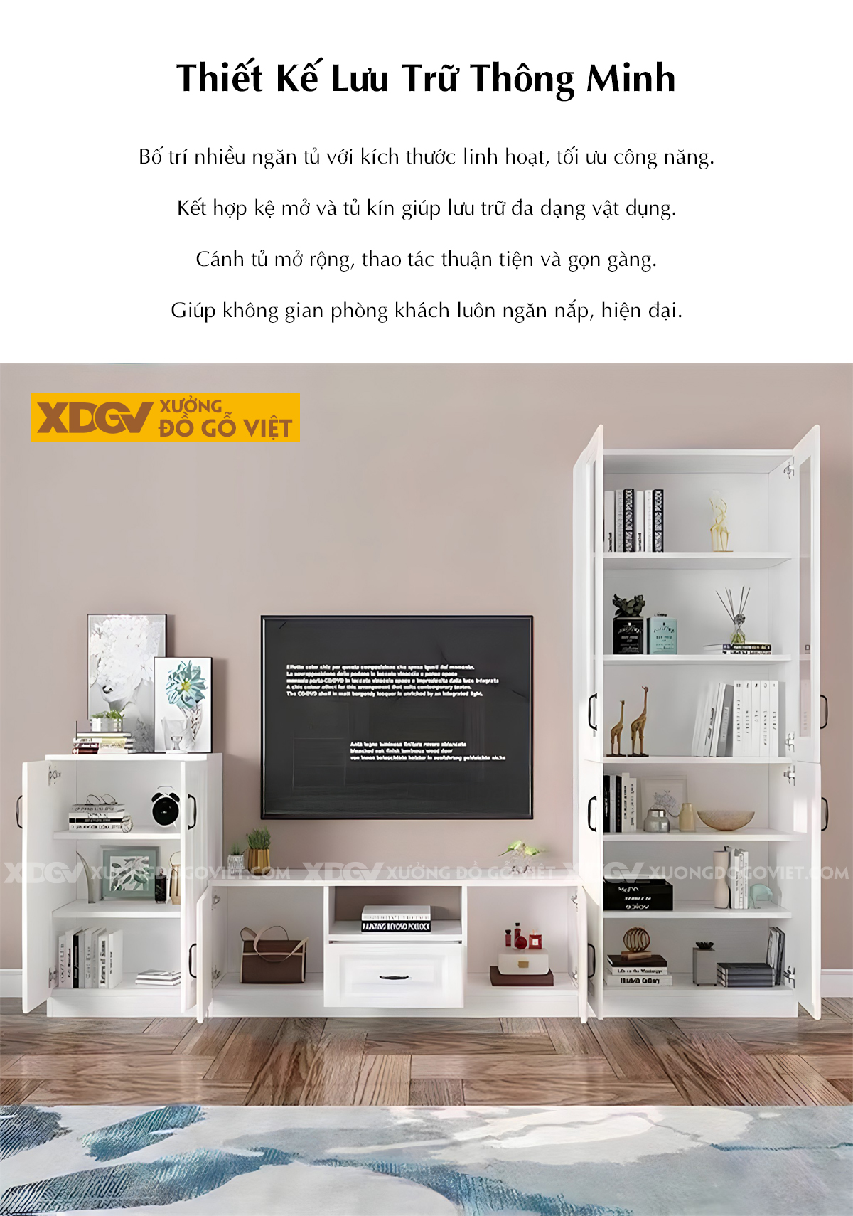 Kệ Tivi Cao Su Trắng Liền Tủ Đối Xứng 2 Bên Nhiều Buồng