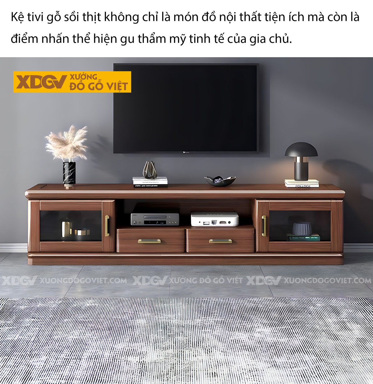 Kệ Tivi Đặt Sàn Gỗ Sồi Mỹ Dày Hiện Đại Có Cánh Kính Trong