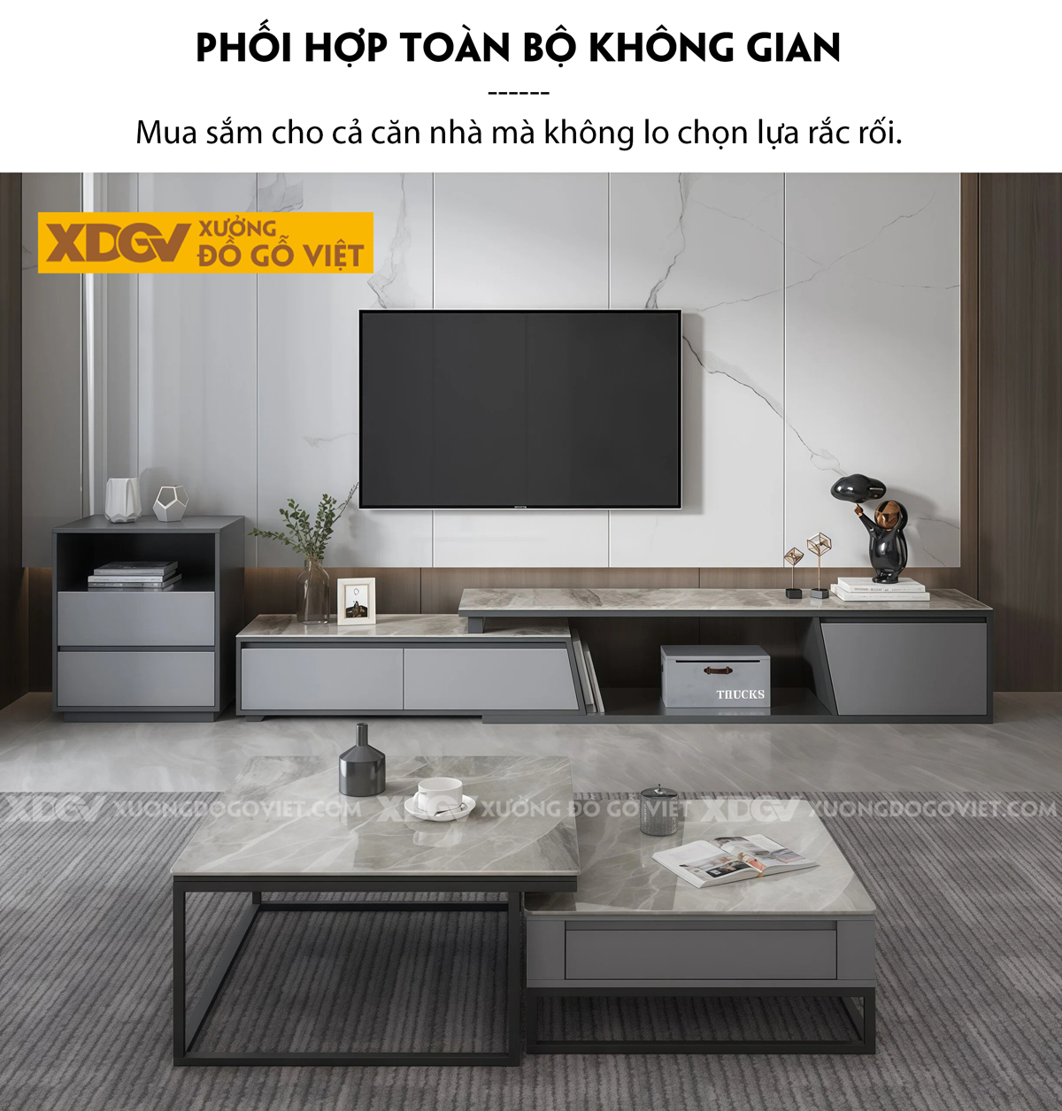 Kệ Tivi Gỗ MDF Ốp Đá Thiết Kế Tách Rời Kéo Trượt Linh Hoạt