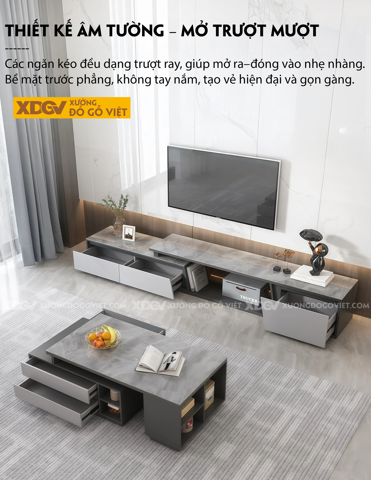 Kệ Tivi Gỗ MDF Ốp Đá Thiết Kế Tách Rời Kéo Trượt Linh Hoạt