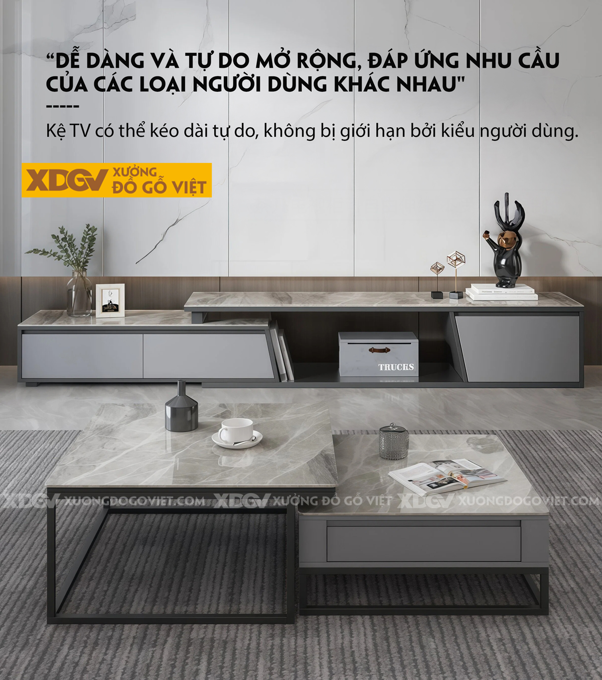 Kệ Tivi Gỗ MDF Ốp Đá Thiết Kế Tách Rời Kéo Trượt Linh Hoạt