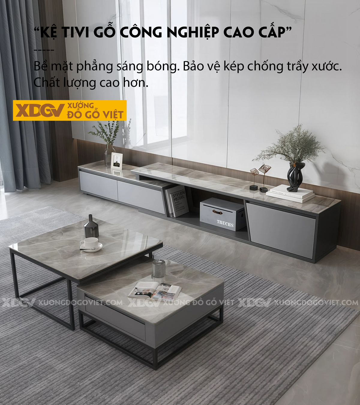 Kệ Tivi Gỗ MDF Ốp Đá Thiết Kế Tách Rời Kéo Trượt Linh Hoạt