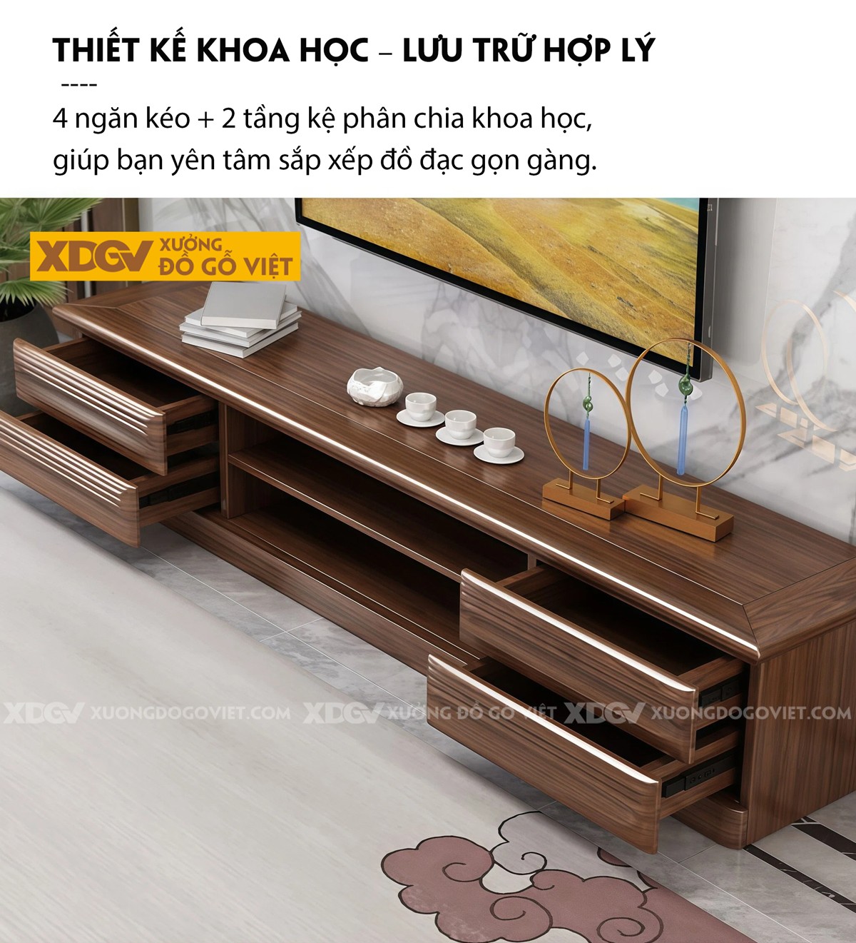 Kệ Tivi Gỗ Óc Chó Bo Viền Hiện Đại Kết Hợp Tay Nắm Tinh Xảo