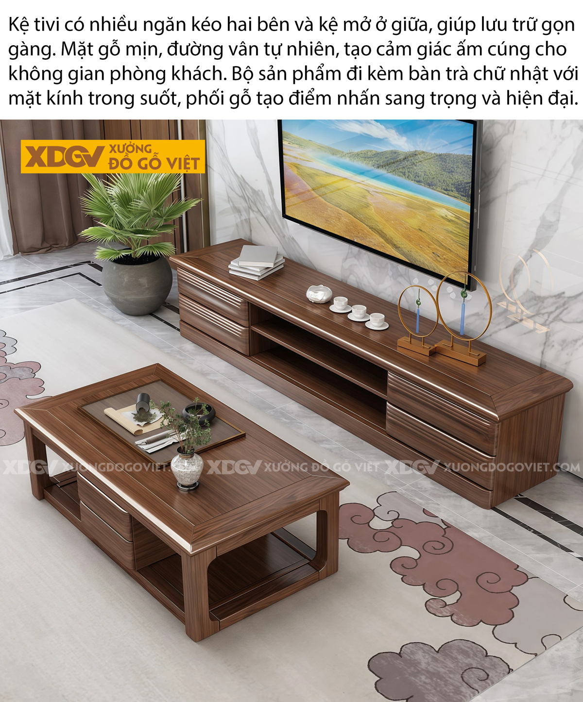 Kệ Tivi Gỗ Óc Chó Bo Viền Hiện Đại Kết Hợp Tay Nắm Tinh Xảo