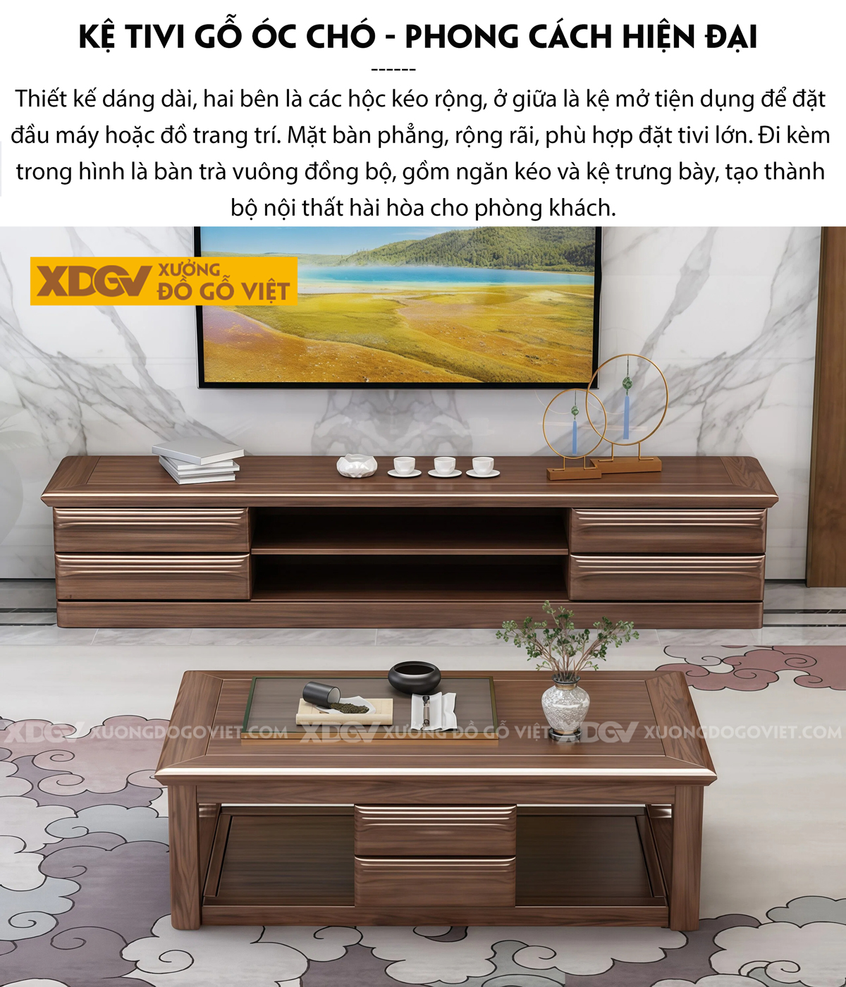 Kệ Tivi Gỗ Óc Chó Bo Viền Hiện Đại Kết Hợp Tay Nắm Tinh Xảo