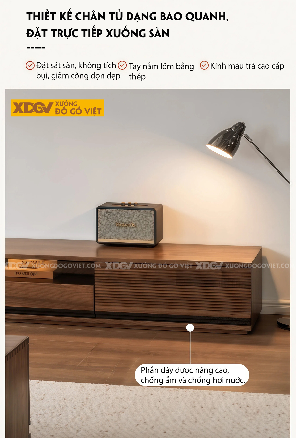 Kệ Tivi Gỗ Óc Chó Chân Sát Sàn Thiết Kế Dáng Thấp Hiện Đại