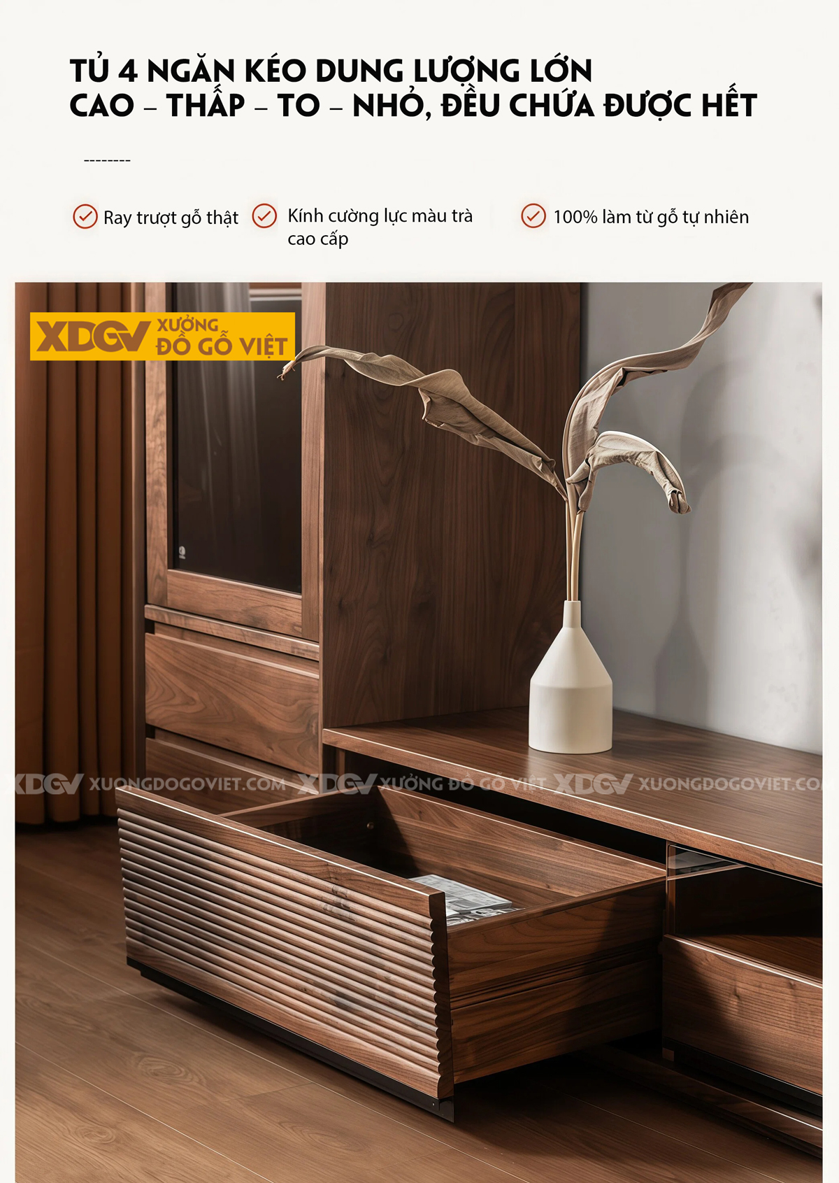 Kệ Tivi Gỗ Óc Chó Chân Sát Sàn Thiết Kế Dáng Thấp Hiện Đại