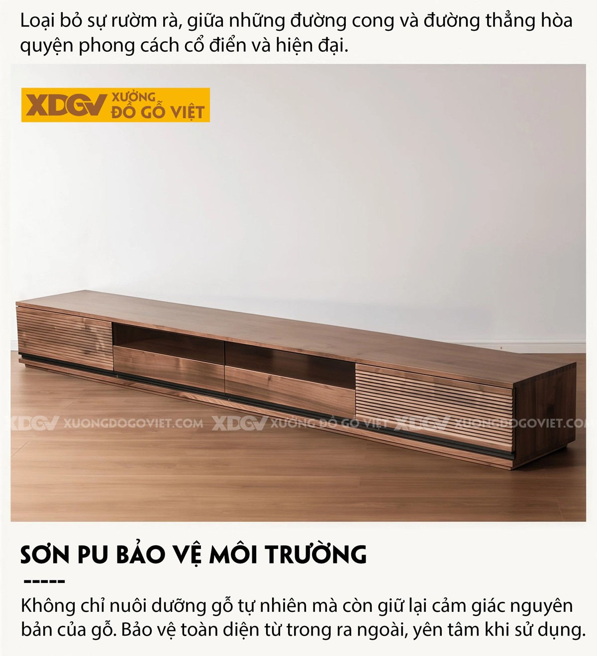 Kệ Tivi Gỗ Óc Chó Chân Sát Sàn Thiết Kế Dáng Thấp Hiện Đại