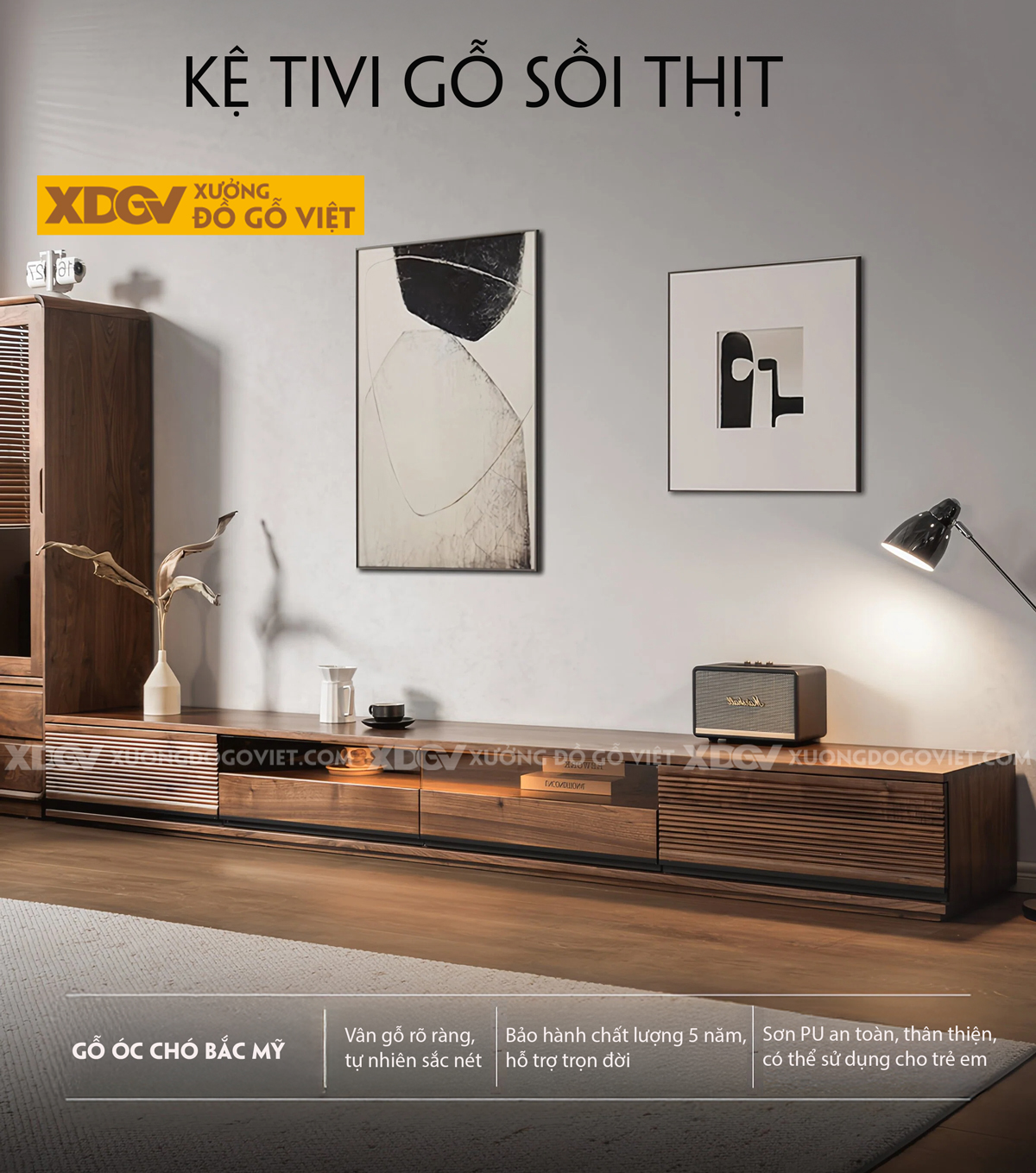 Kệ Tivi Gỗ Óc Chó Chân Sát Sàn Thiết Kế Dáng Thấp Hiện Đại