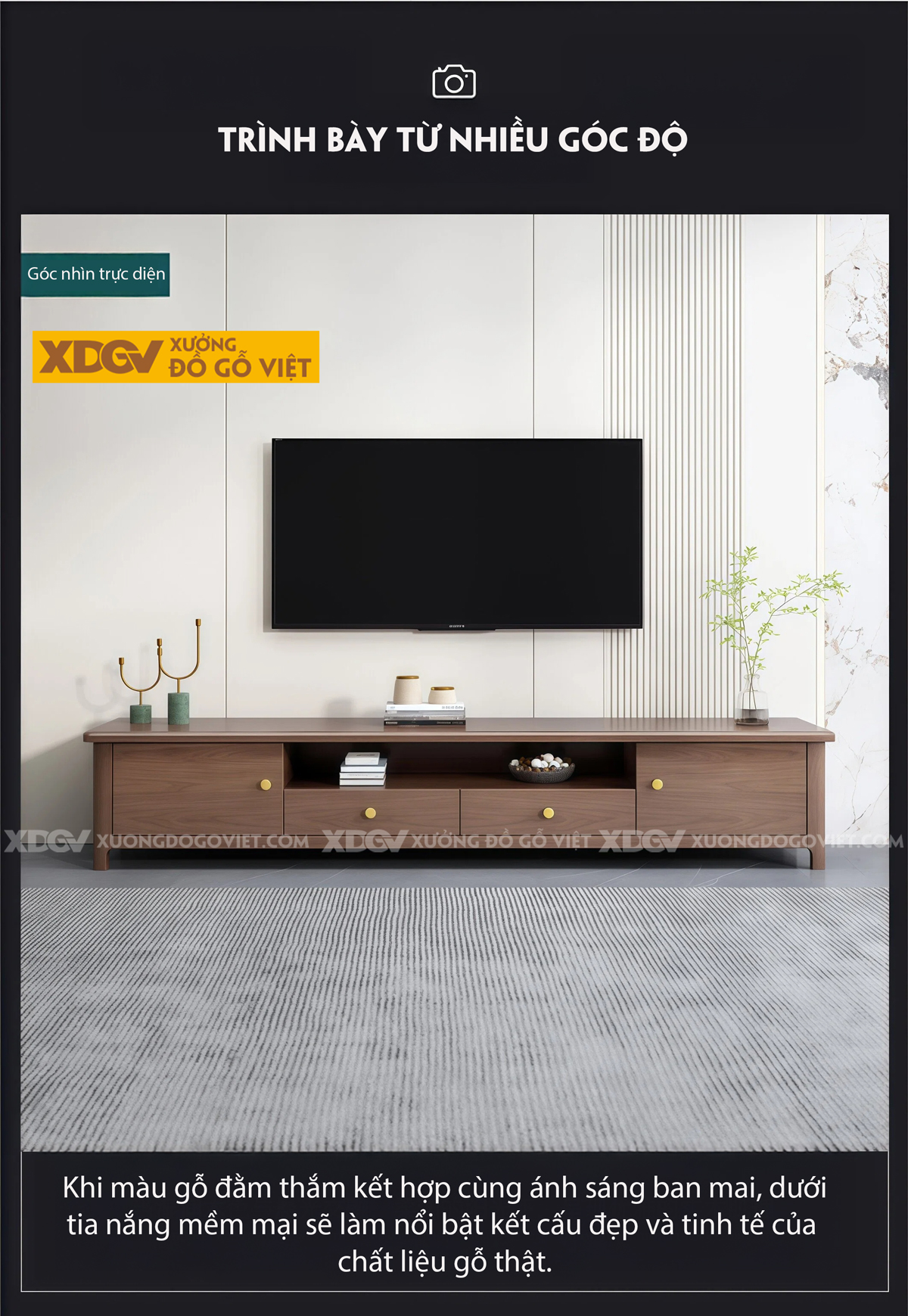 Kệ Tivi Gỗ Óc Chó Phong Cách Hiện Đại Tay Nắm Mạ Vàng