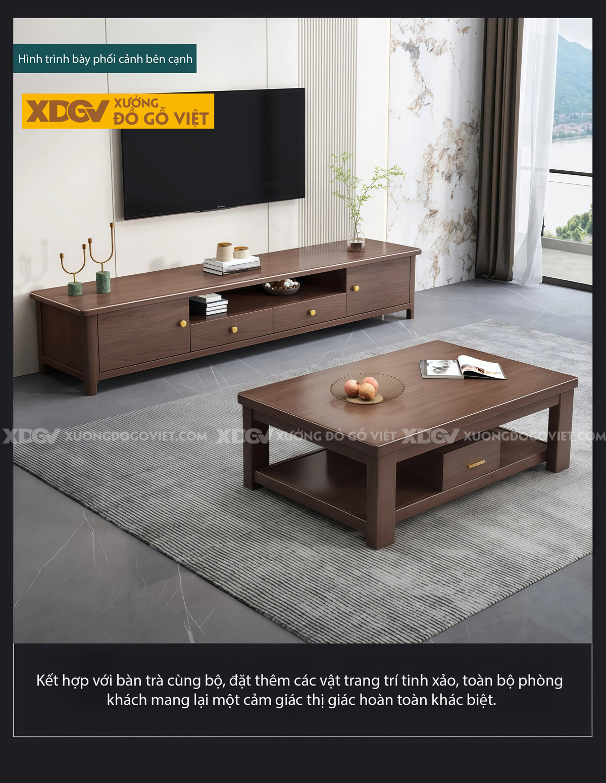 Kệ Tivi Gỗ Óc Chó Phong Cách Hiện Đại Tay Nắm Mạ Vàng