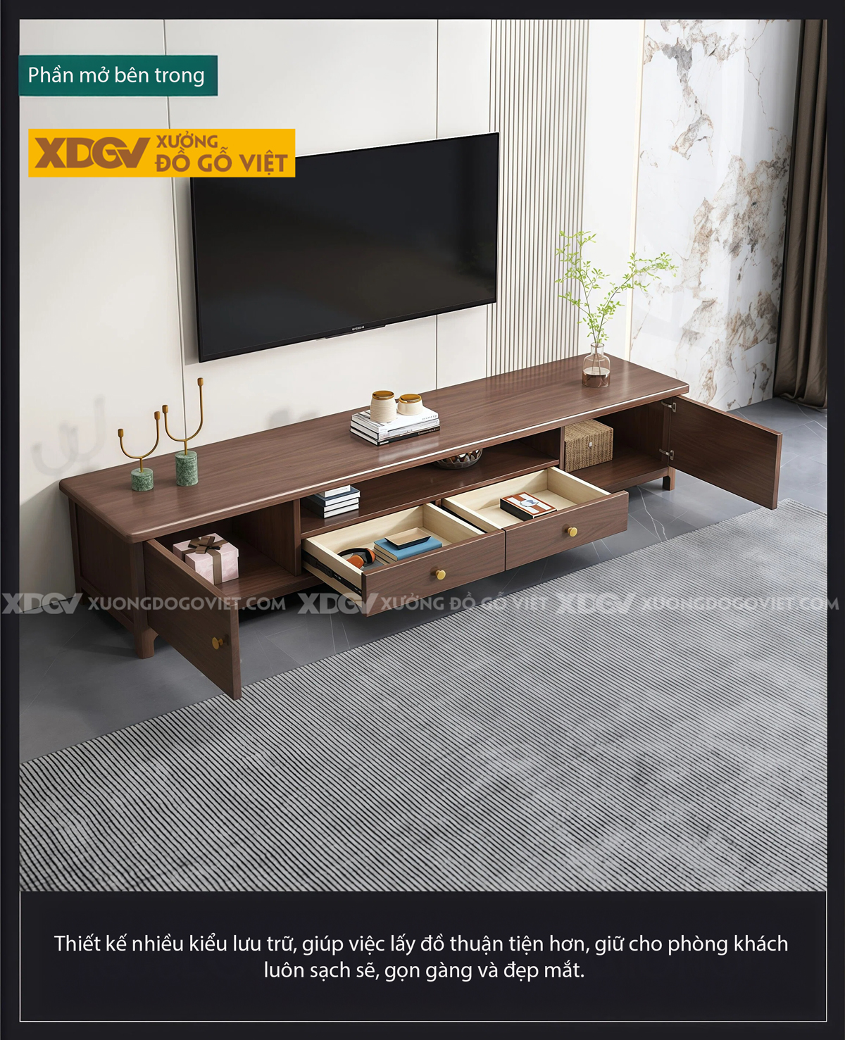 Kệ Tivi Gỗ Óc Chó Phong Cách Hiện Đại Tay Nắm Mạ Vàng