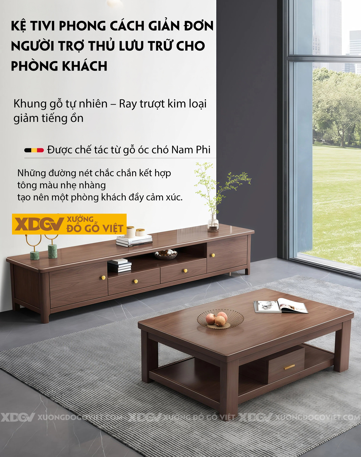 Kệ Tivi Gỗ Óc Chó Phong Cách Hiện Đại Tay Nắm Mạ Vàng