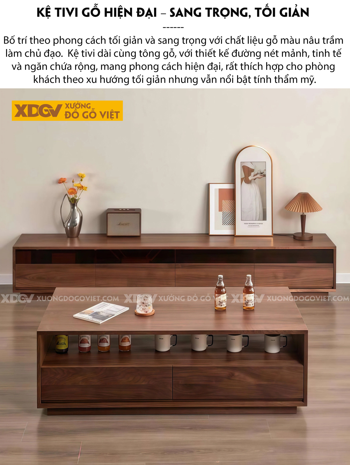 Kệ Tivi Gỗ Óc Chó Thiết Kế Hiện Đại Tích Hợp Kính Sang Trọng