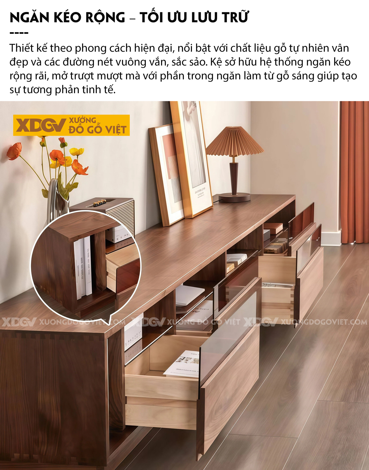 Kệ Tivi Gỗ Óc Chó Thiết Kế Hiện Đại Tích Hợp Kính Sang Trọng