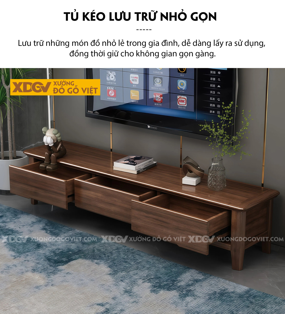 Kệ Tivi Gỗ Óc Chó Thiết Kế Tay Nắm Âm Hiện Đại Tinh Gọn