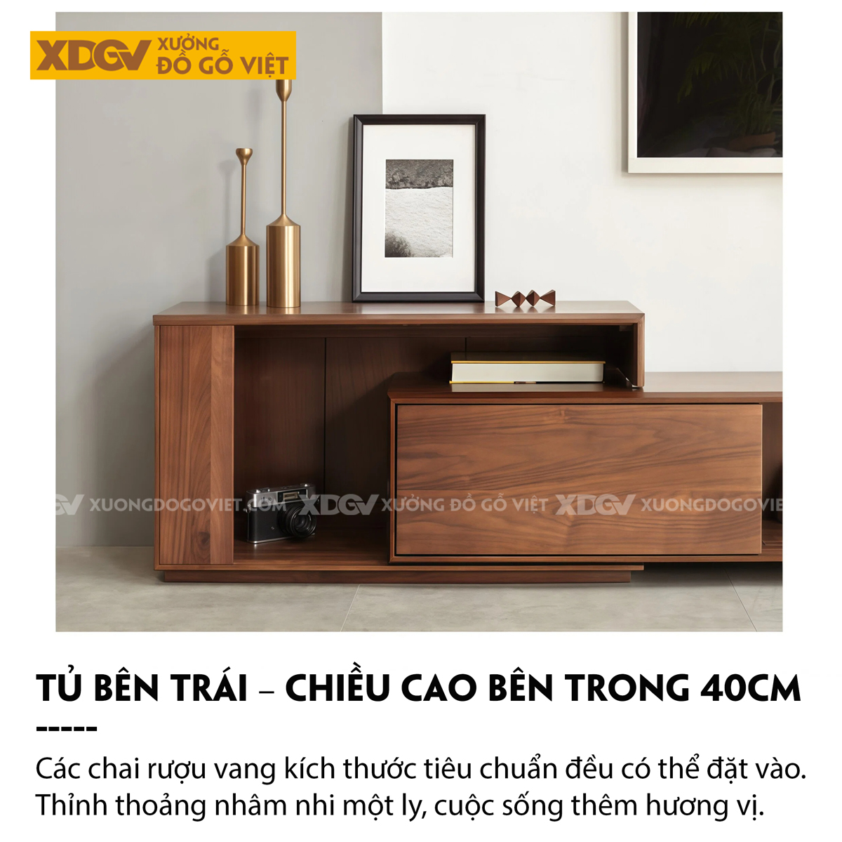 Kệ Tivi Gỗ Óc Chó Với Ngăn Kéo Hai Bên Kèm Hộc Tủ Trung Tâm