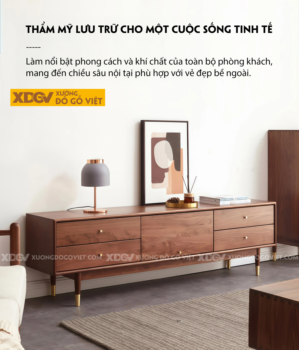 Kệ Tivi Gỗ Óc Chó Với Ngăn Kéo Hai Bên Kèm Hộc Tủ Trung Tâm