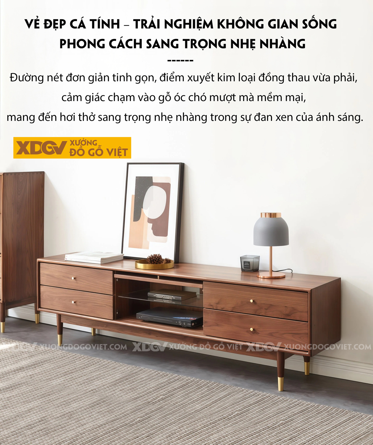 Kệ Tivi Gỗ Óc Chó Với Ngăn Kéo Hai Bên Kèm Hộc Tủ Trung Tâm